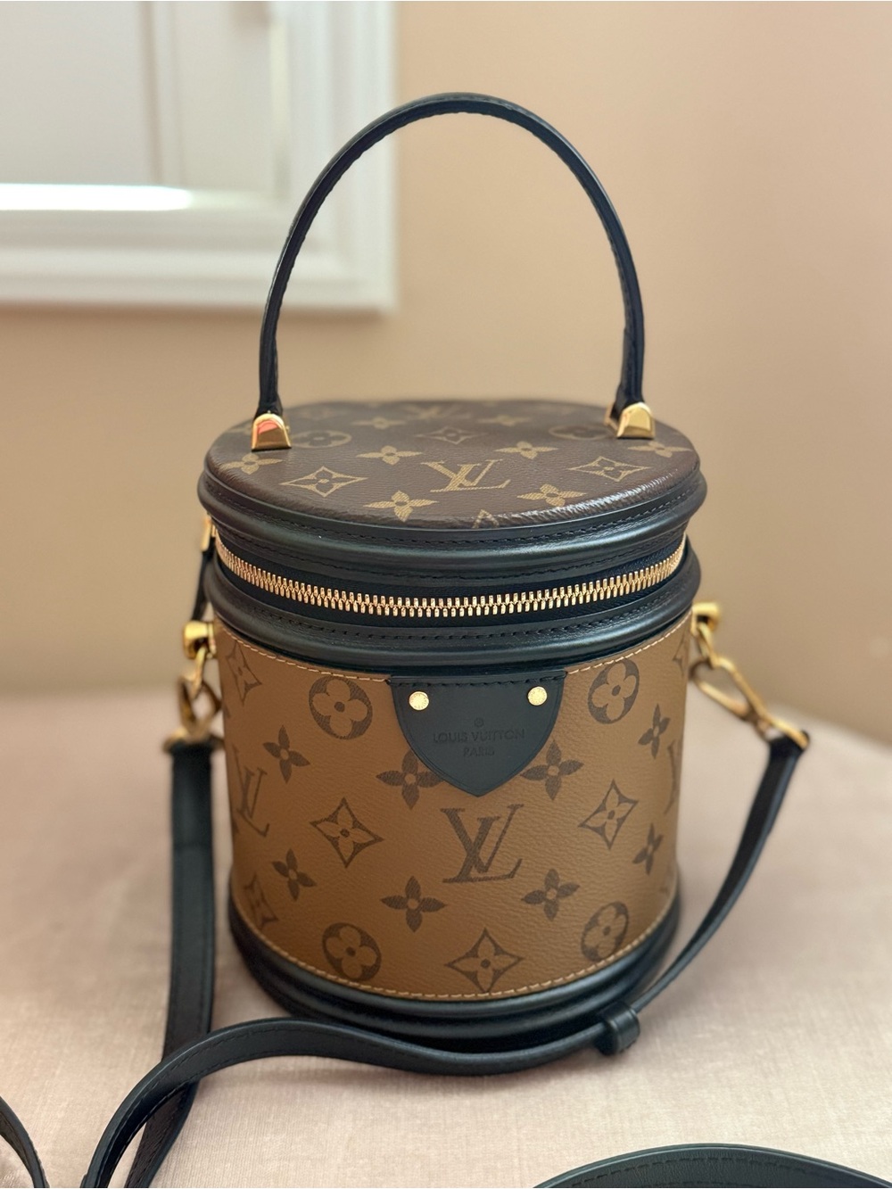 Authentic Louis Vuitton Cannes Monogram Round Vanity Bag with Black Trim